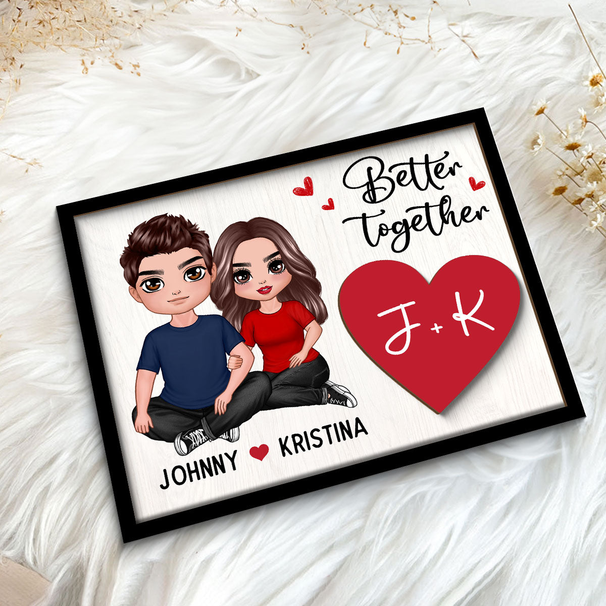 Couple Sitting Embracing Initial Names Valentine‘s Day Gift For Him For Her Personalized 2-Layer Wooden Plaque