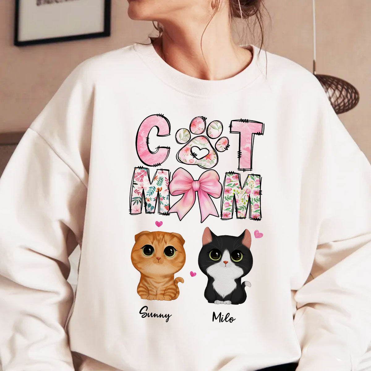 Cat Mom Pink Coquette Personalized Shirt, Watercolor Cute Cat, Gift for Cat Moms