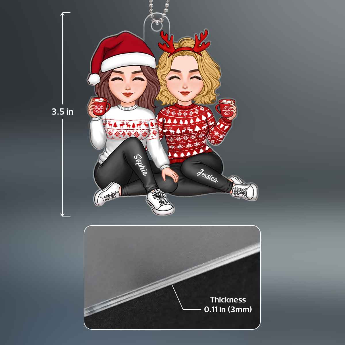 Cute Besties Sisters Sitting Together Christmas Gift For Friends Sisters Personalized Acrylic Ornament