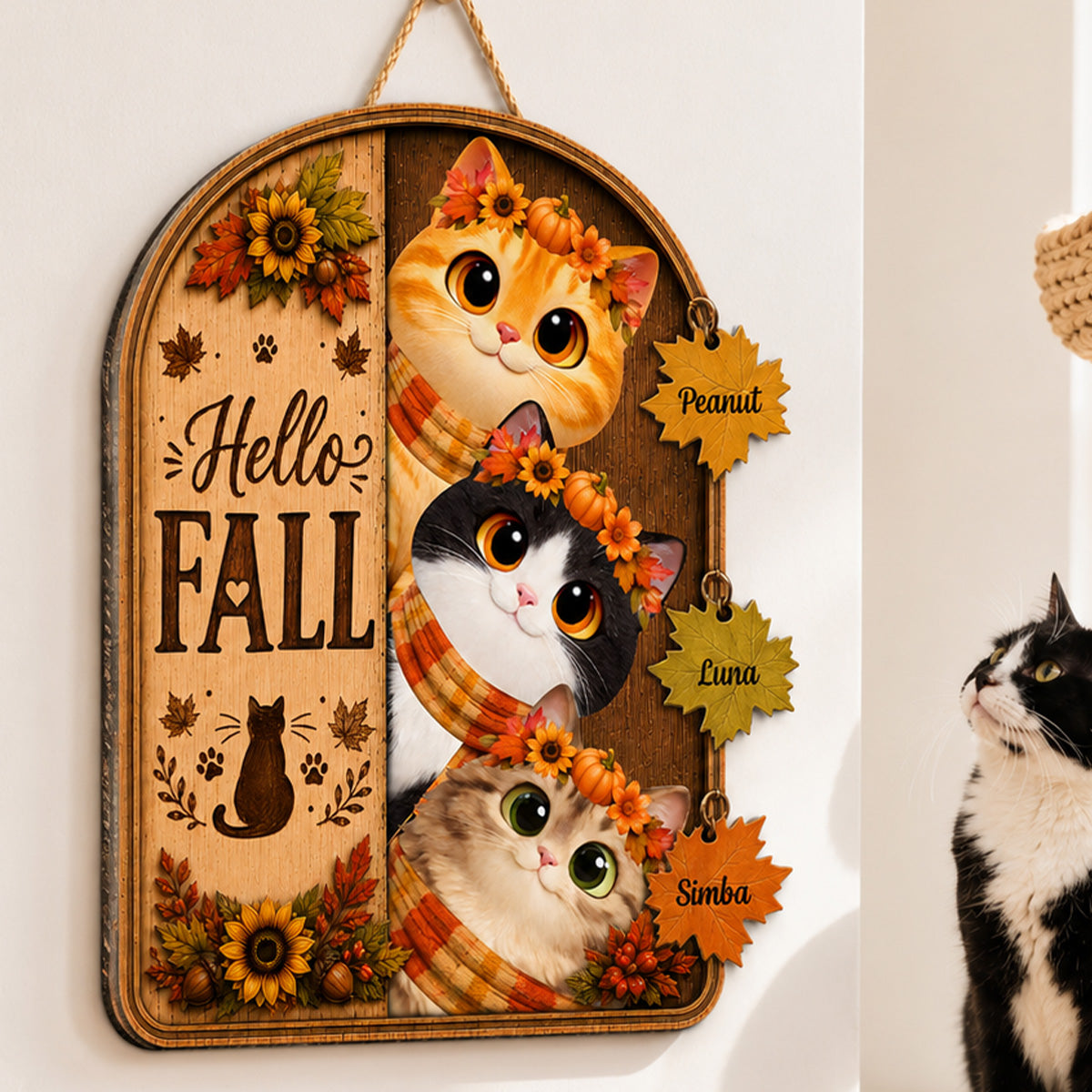 Hello Fall Peeking Cats 2D Flat - Personalized Door Sign - Fall Season Decor For Cat Lovers