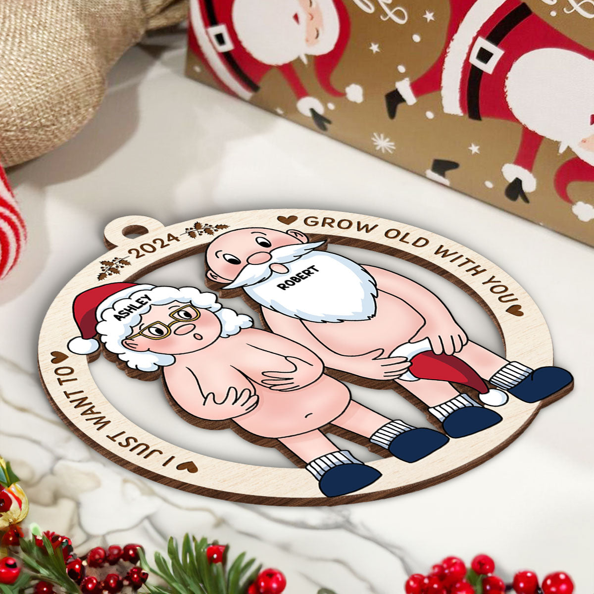 Funny Old Couple Personalized 1-Layer Wooden Ornament Christmas Gift for Him for Her