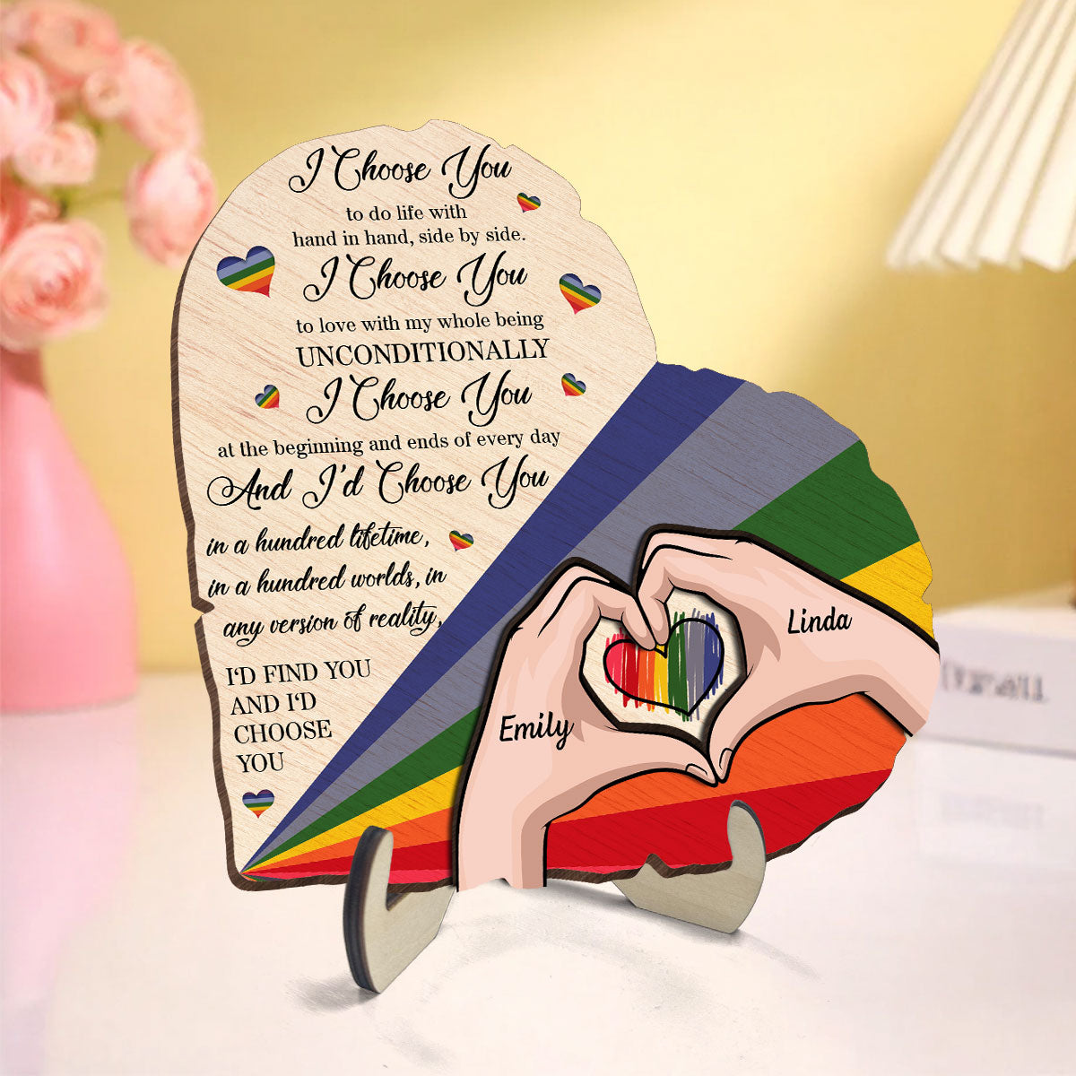 Half Heart Rainbow Flag LGBTQ Couple Personalized 2-Layered Wooden Plaque, Pride Month gift