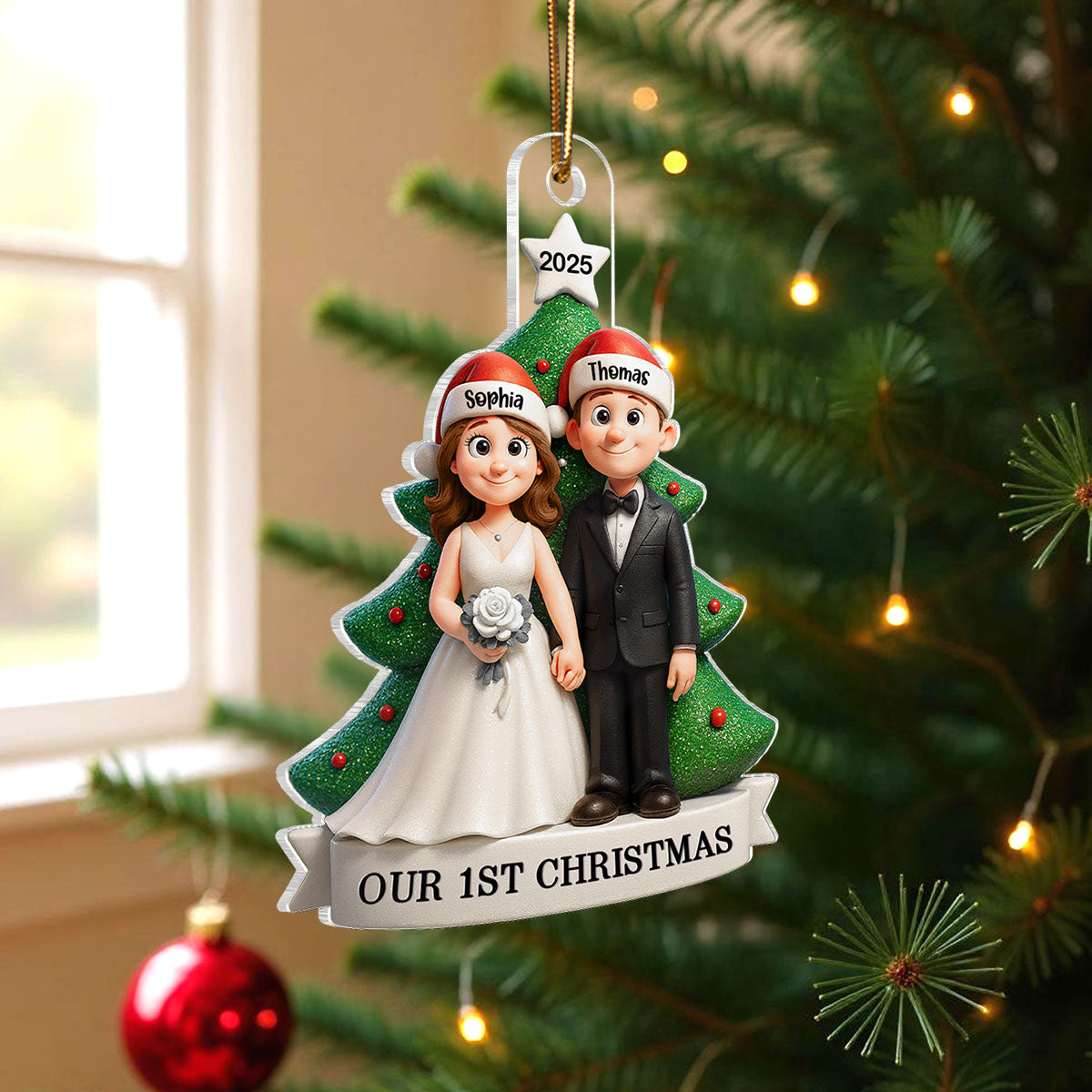 Groom & Bride Under Tree First Christmas Personalized Acrylic Ornament | Just Married Newlyweds Marriage Keepsake