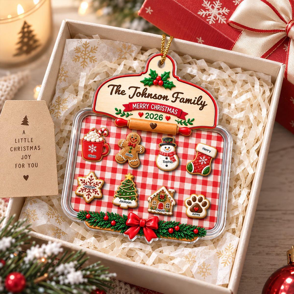 Family Cookie Plaid Pattern - Personalized Acrylic Ornament - Christmas Gift for Children