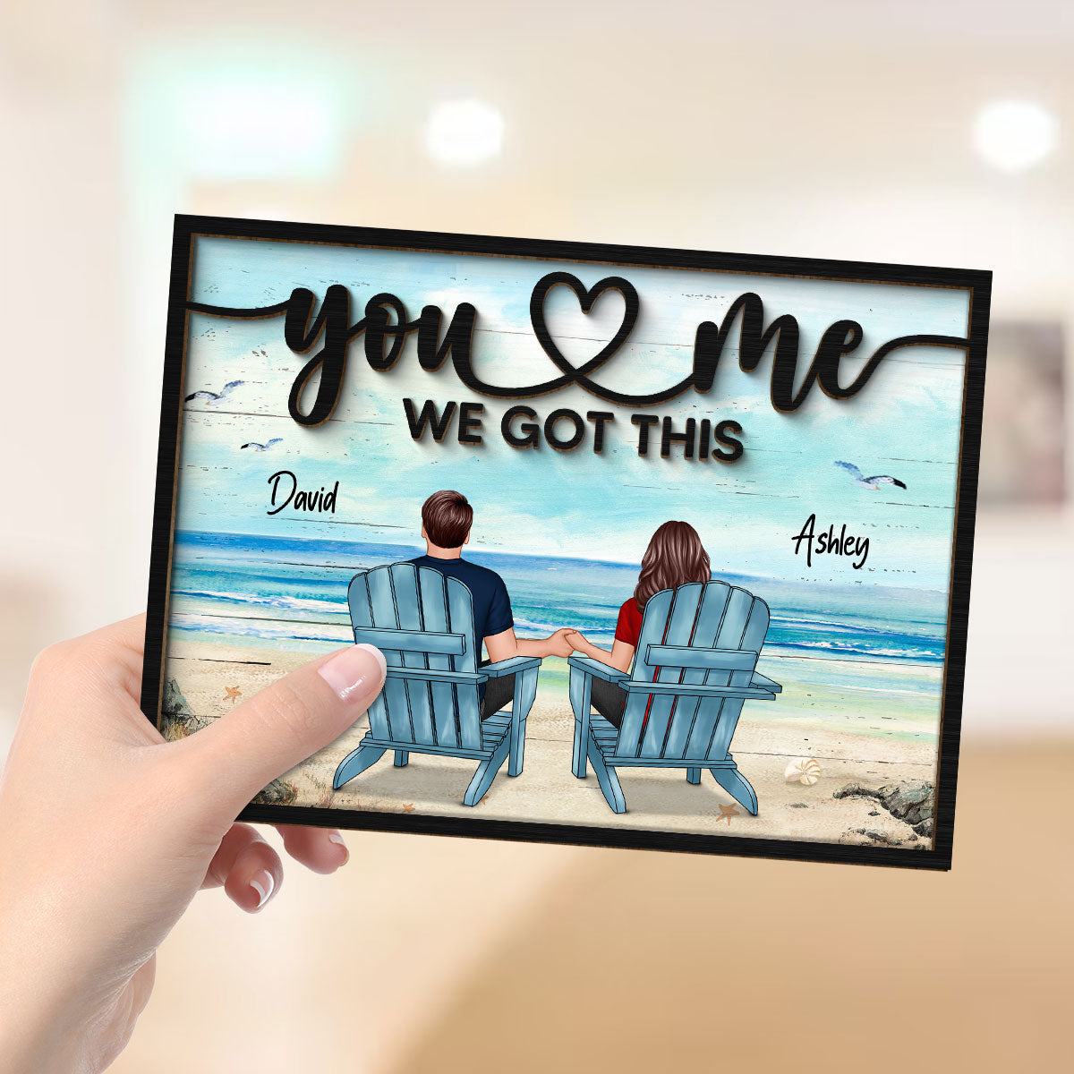 Back View Couple Beach Landscape Valentine‘s Day Gift For Him For Her Personalized 2-Layer Wooden Plaque