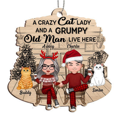 Crazy Cat Lady Grumpy Old Man Front Porch Personalized Christmas Wooden Ornament