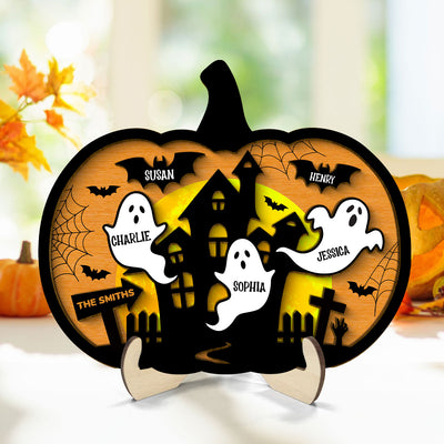 Halloween Boo Family Pumpkin Shaped Personalized 2 Layer Wooden Plaque