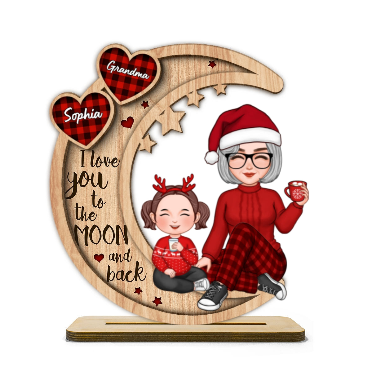 Checkered Pattern Heart Cute Grandma Grandkids Sitting On Moon Christmas Personalized 2-Layer Standing Wooden Plaque