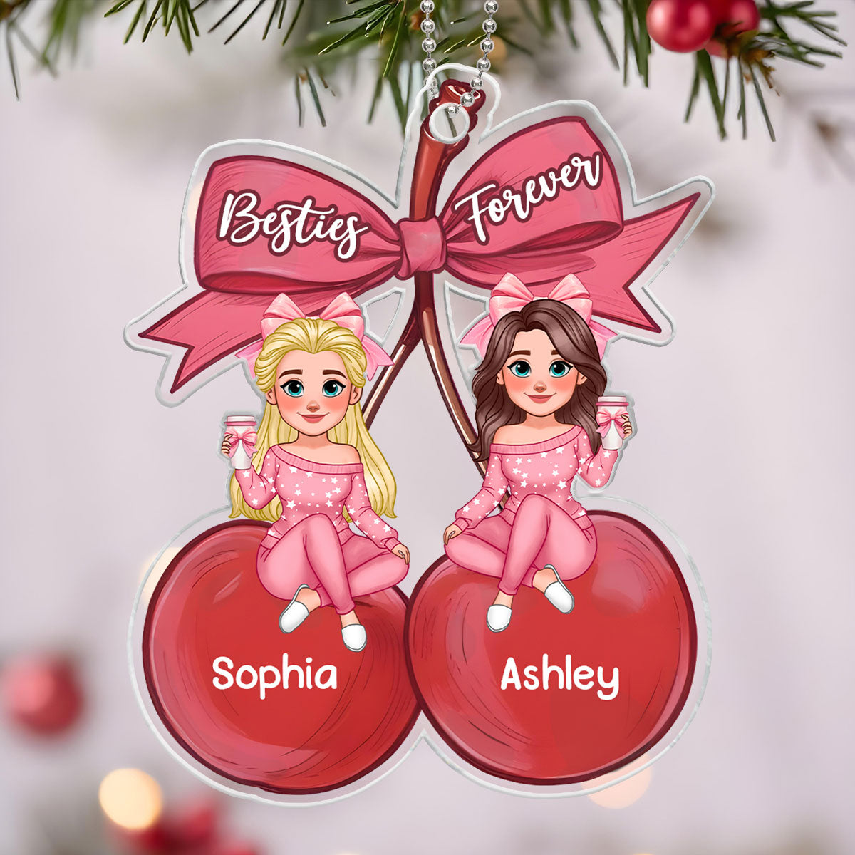 Besties Sitting On Pink Coquette Cherry Bow Personalized Acrylic Ornament, Christmas Gift For Best Friends