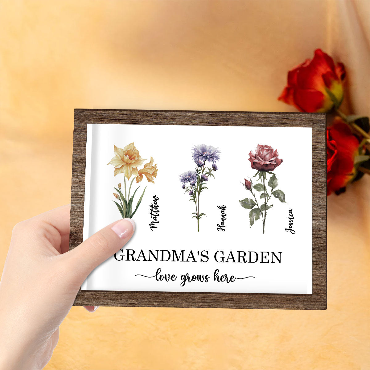 Grandma's Garden Love Grows Here Birth Month Flower Personalized 2-Layered Wooden Plaque with LED, Heartfelt Mother's day gift for Grandma, Mom