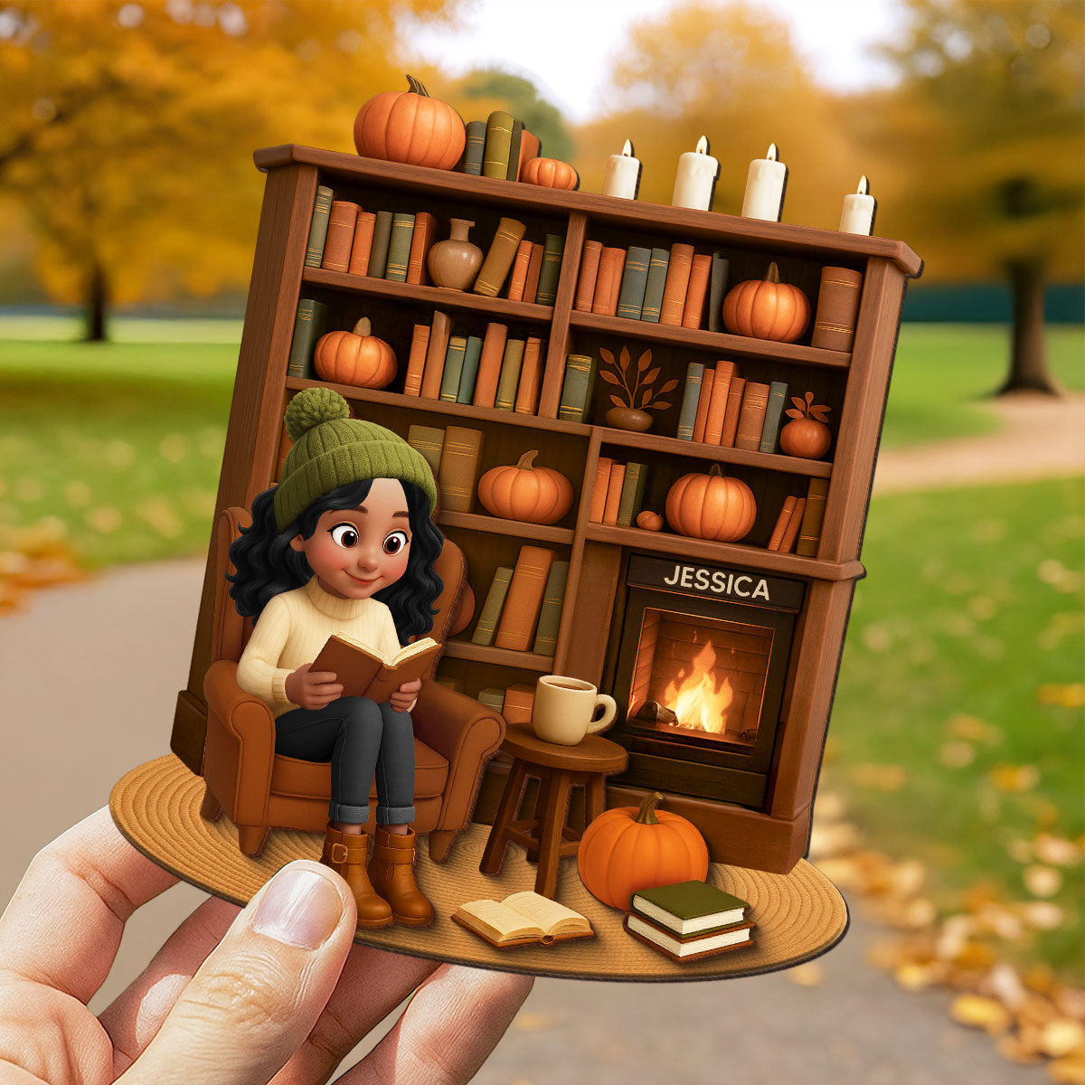 Fall Girl Reading Book Cozy Bookself Personalized 2-Layer Wooden Plaque