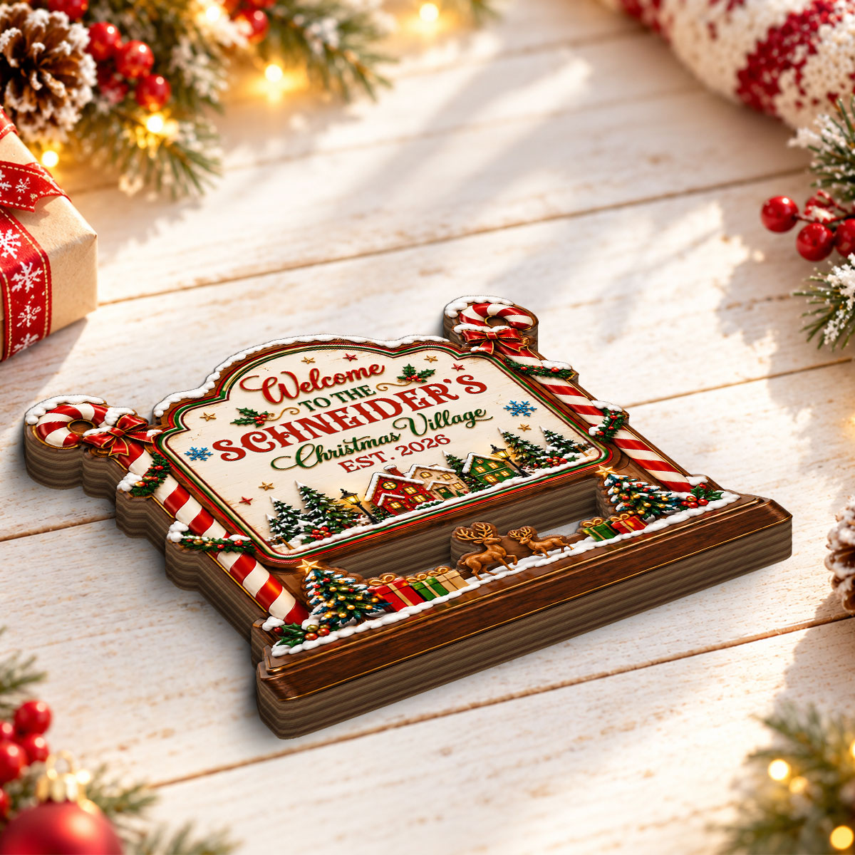 Candy Cane Christmas Village Holiday Decor - Personalized Wooden Block Plaque - Christmas Gift for Family, Parents & Grandparents.