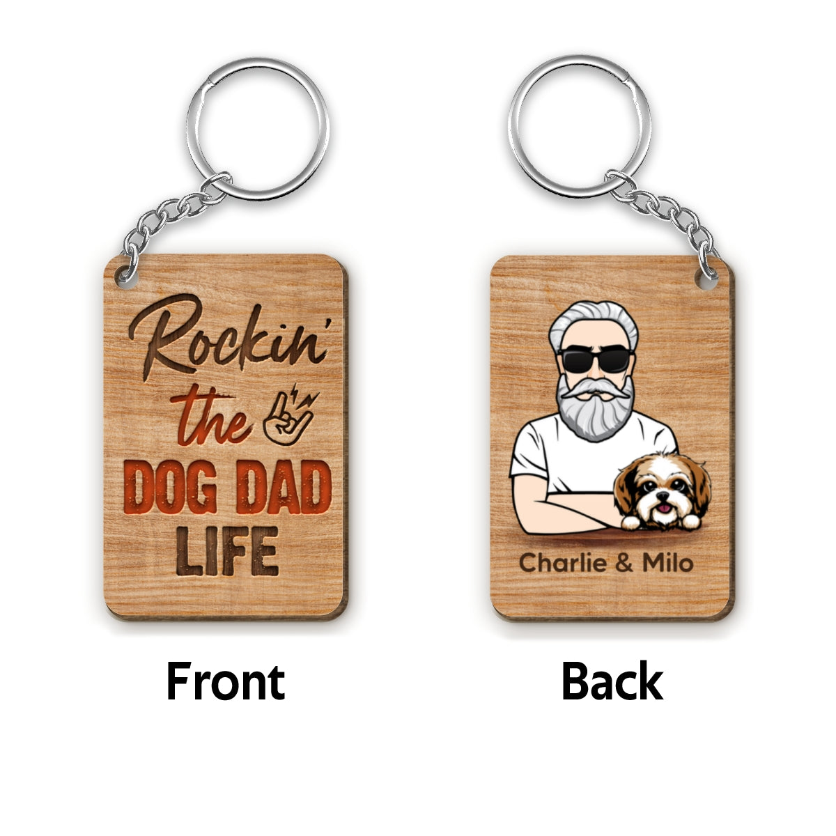 Rockin‘ Dog Dad Life Personalized Wooden Keychain