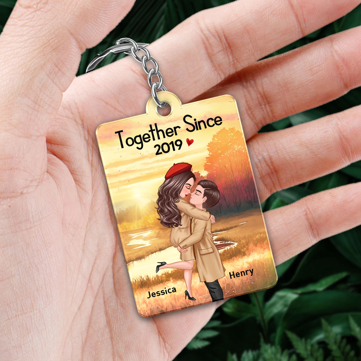 Fall Season Theme Couple Hugging Kissing Favorite Song QR Code Personalized Acrylic Keychain
