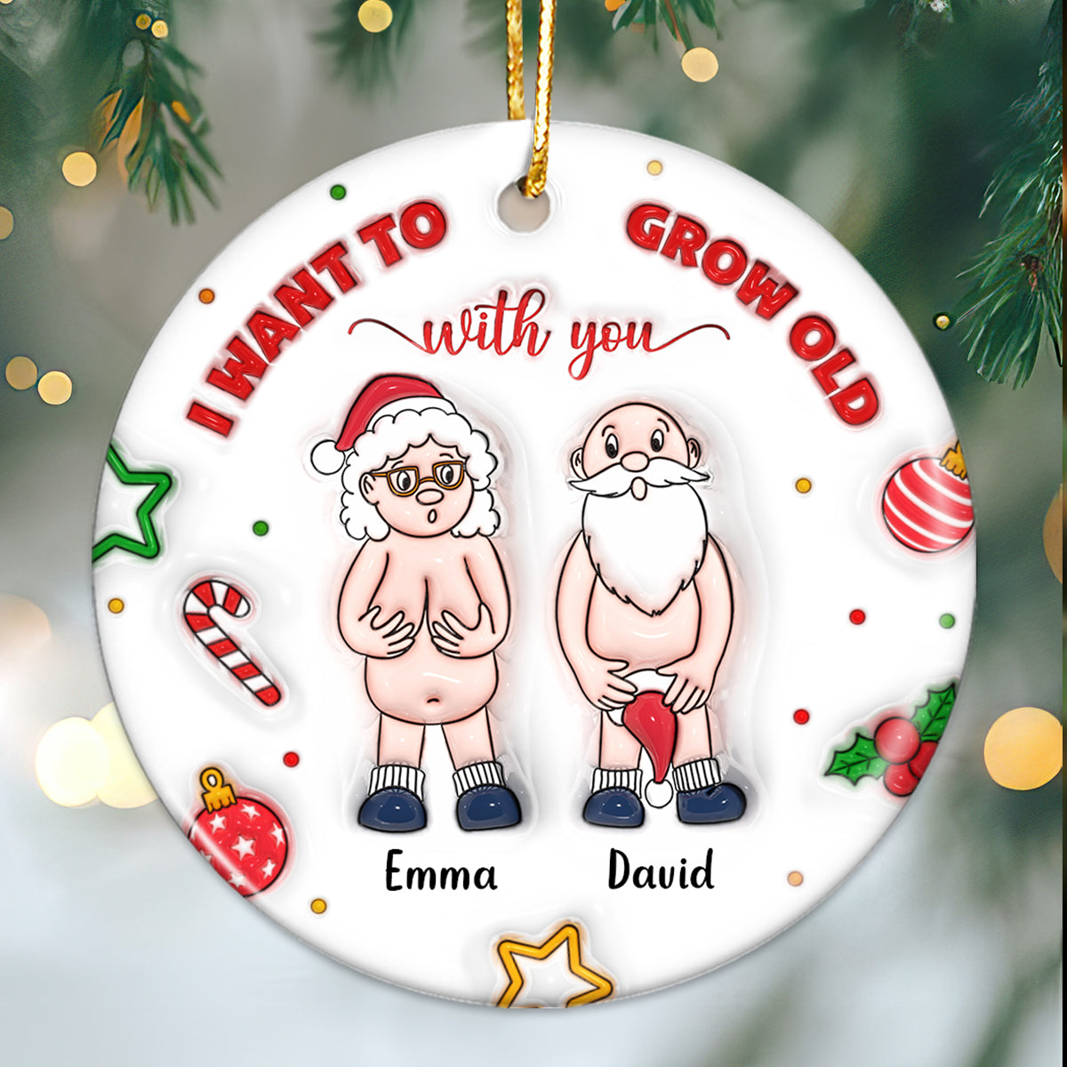 3D Inflated I Want to Grow Old With You Personalized Ceramic Circle Ornament