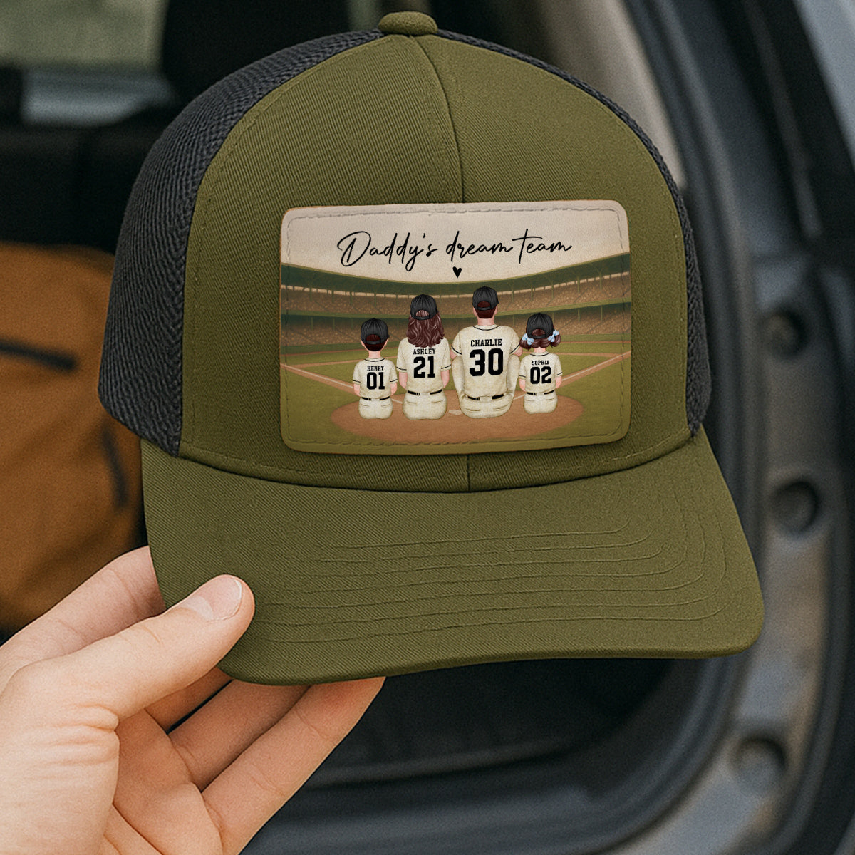 Retro Vintage Baseball Daddy's Dream Team Personalized Leather Patch Hat, Gift For Dad