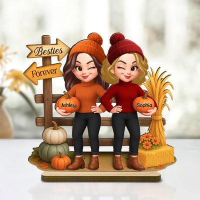 Besties Sisters Fall Season Fence Pumpkin Patch Personalized Standing Wooden Plaque