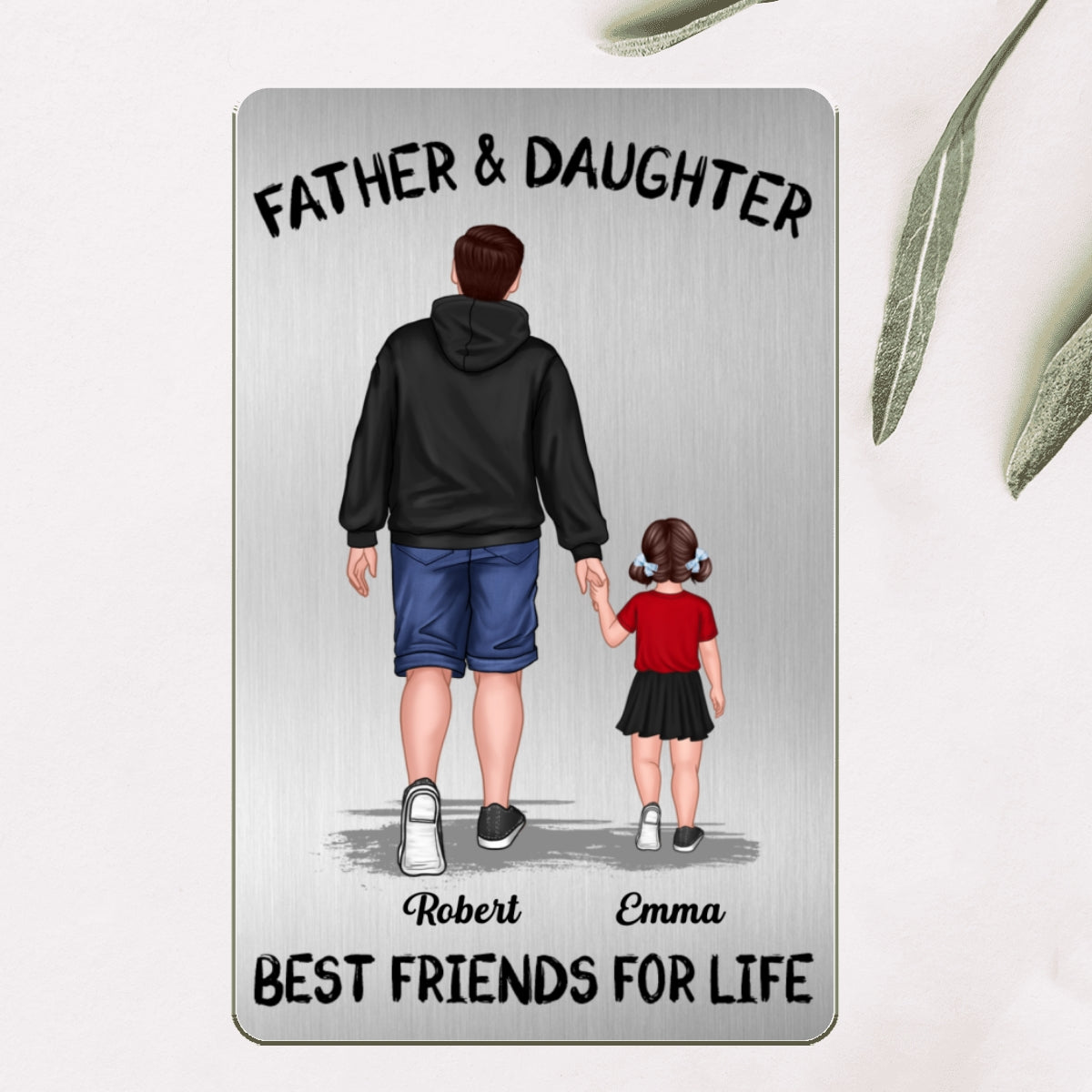 Dad And Kids Daughter Son Walking Best Friends Forever Personalized Metal Wallet Card
