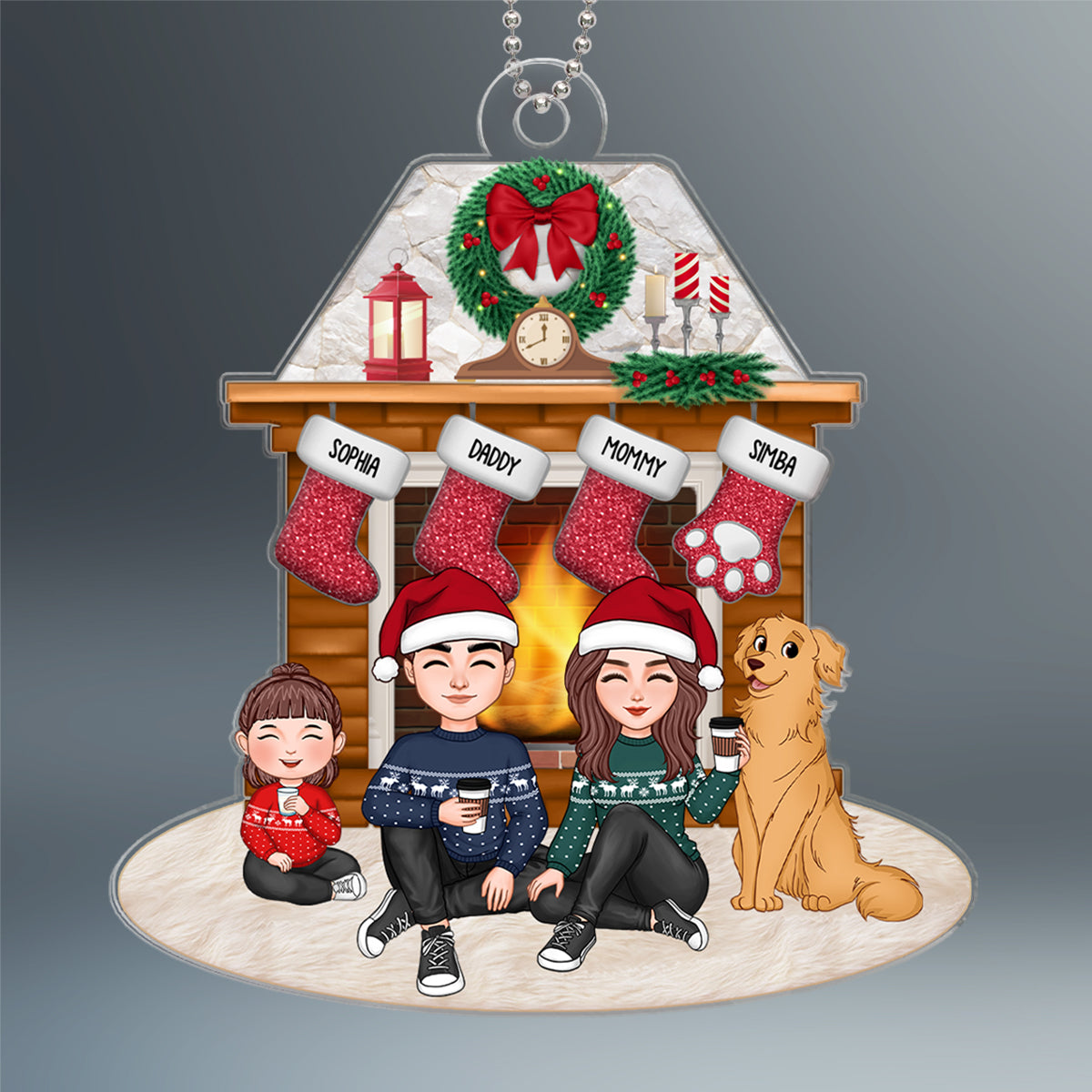 Christmas Fireplace Christmas Wreath Cute Whole Family Dad Mom Kids Dogs Cats Personalized Acrylic Ornament