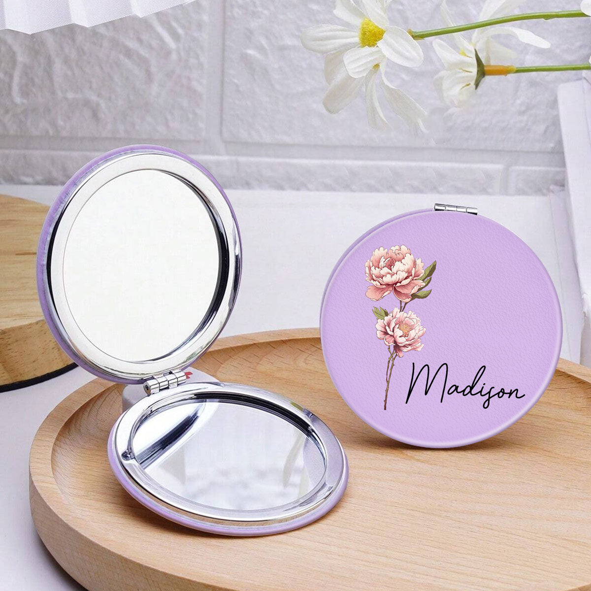 Beautiful Birth Month Flower Personalized Circle Compact Mirror, Birthday Gift