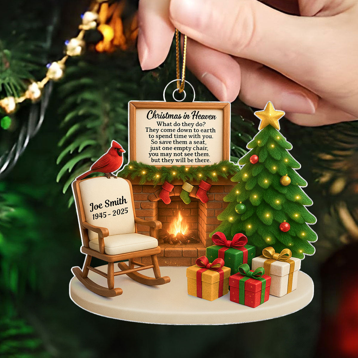 Christmas In Heaven Cardinal On Chair 3D Effect Personalized Acrylic Ornament, Heartwarming Memorial Sympathy Gift