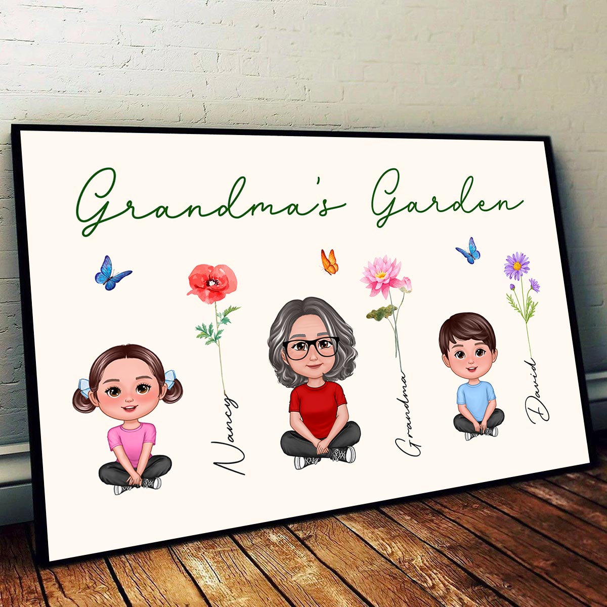 Grandma Grandkids Sitting Crossed Legs Garden Watercolor Birth Month Flowers Mother‘s Day Gift Personalized Horizontal Poster