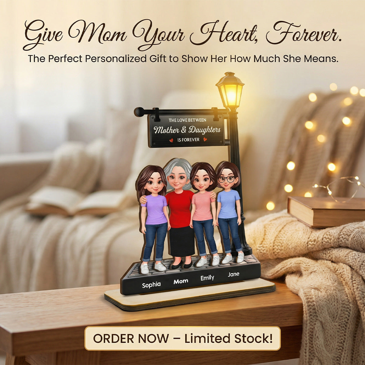 Mother And Daughter Son Happy Together Under Lamp Post - Personalized 2-Layered Wooden Plaque - Mother's Day Gift For Mom