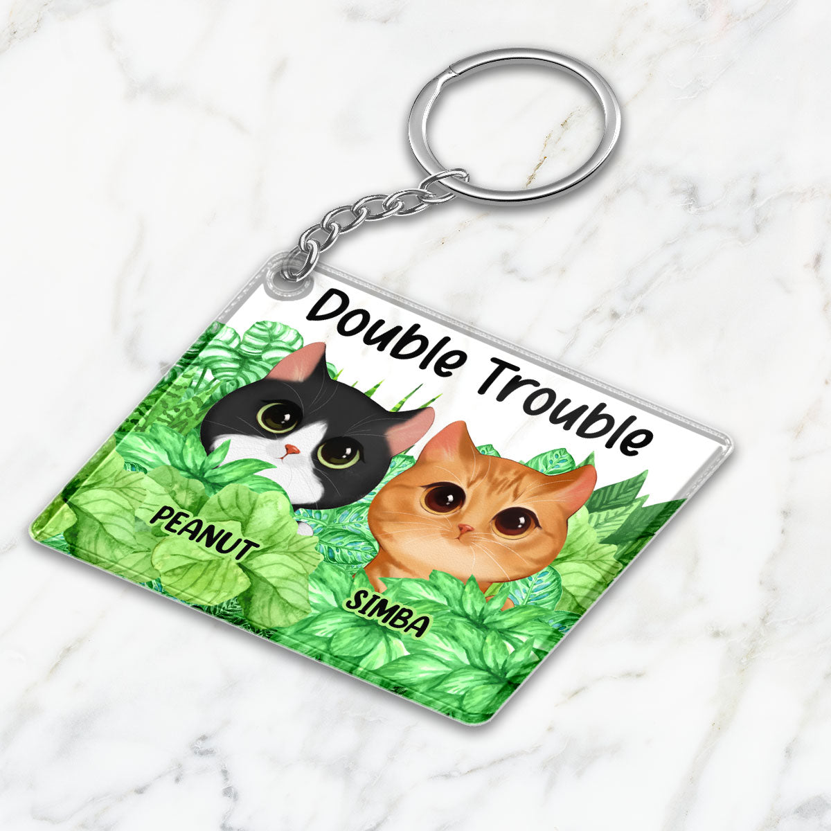 Double Trouble Watercolor Cute Cats Peeking Plant Leaves Personalized Acrylic Keychain
