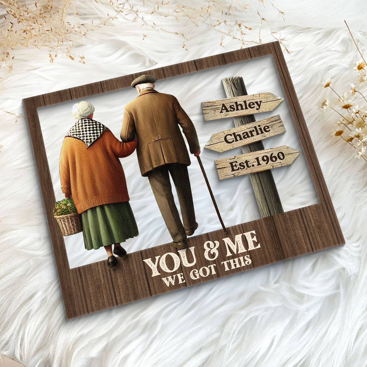 Old Couple Walking Together Personalized 2-Layer Wooden Plaque, Heartfelt Gift For Couple, For Him, For Her, Husband, Wife