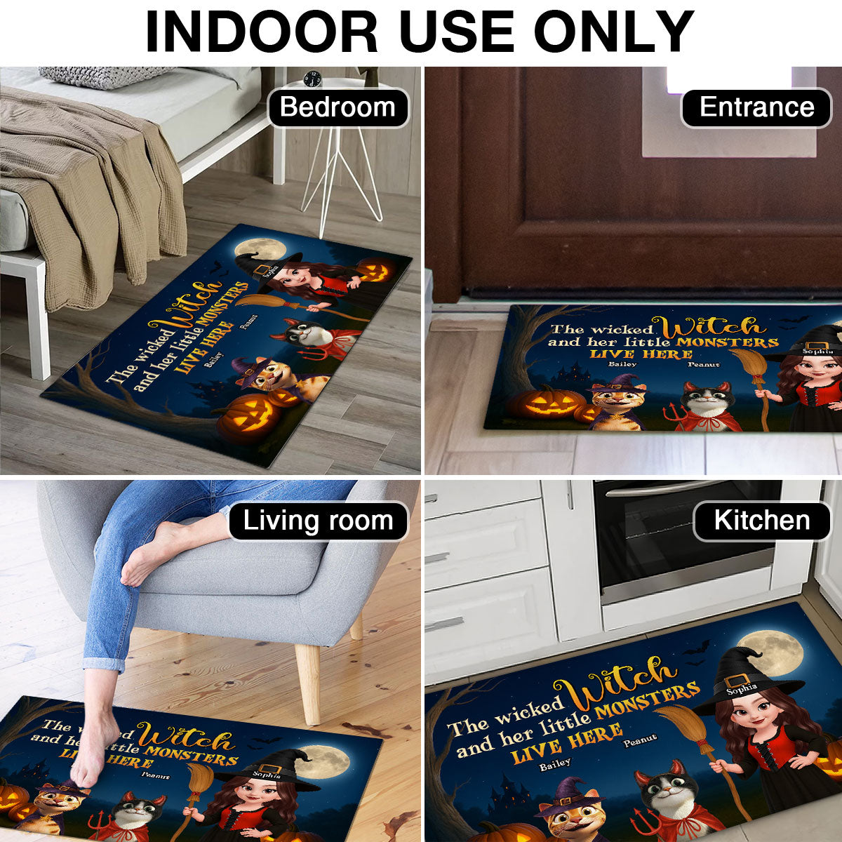 Spooky Halloween Theme Wicked Witch And Monsters Cats Personalized Doormat