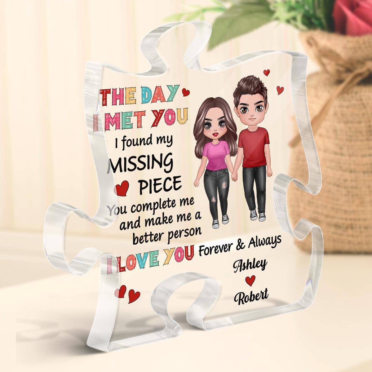 Colorful Pattern Standing Doll Couple Personalized Puzzle Acrylic Plaque