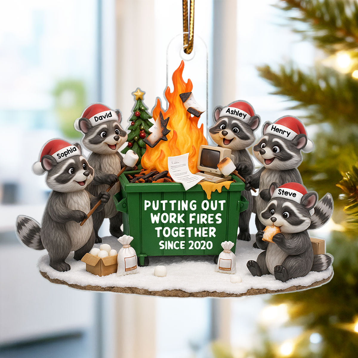 Funny Raccoon Putting out Work Fire Together Dumpster Fire - Personalized Acrylic Ornament - Funny Holiday Gift for Coworkers