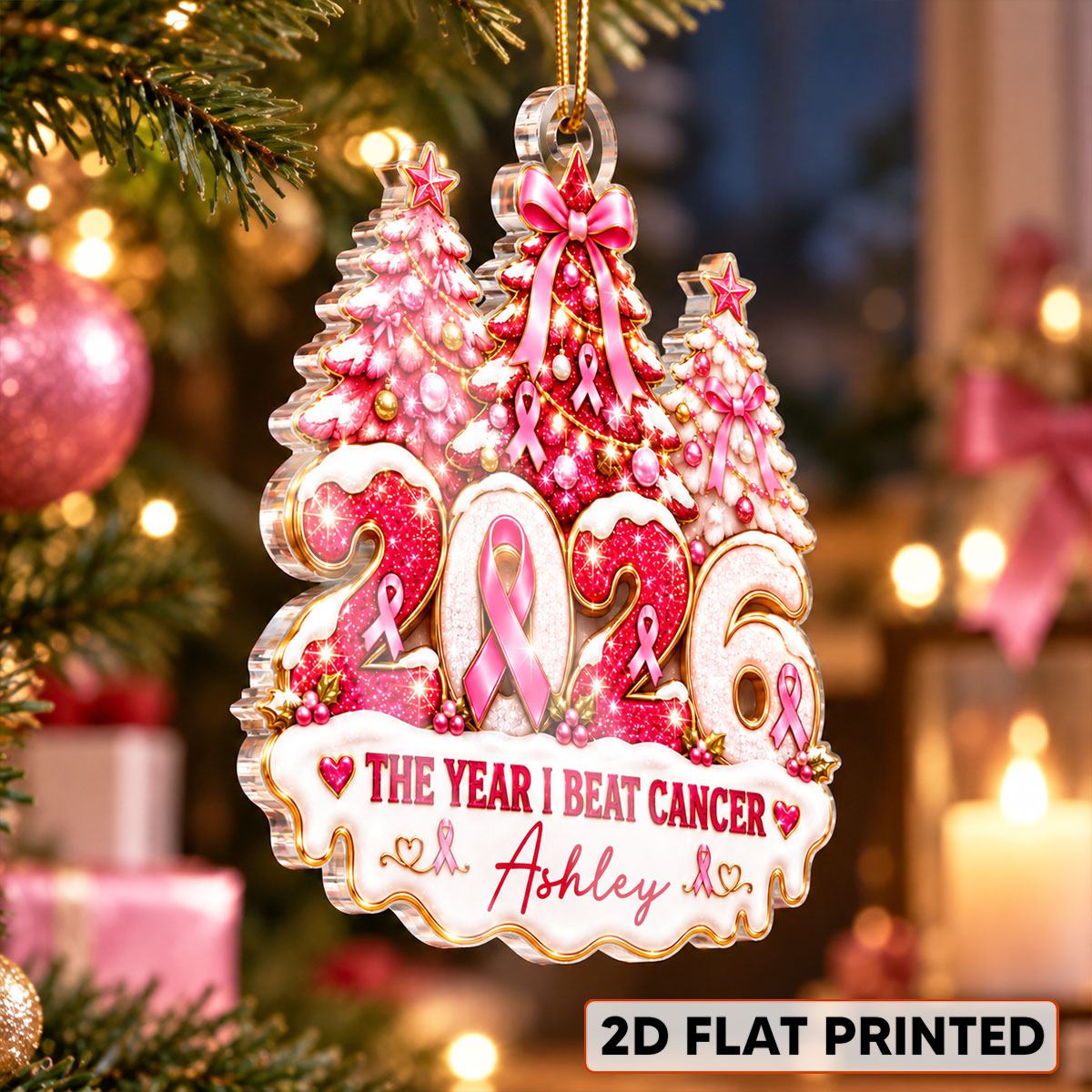 The Year I Beat Breast Cancer - Personalized Acrylic Ornament - Christmas Gift For Breast Cancer Survivors, Breast Cancer Awareness Gift
