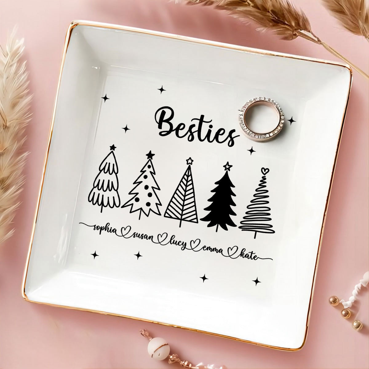 Christmas Trees Outline Besties Sisters Personalized Jewelry Dish, Bridesmaid Gift, Best Friend Flower Ring Dish, Gift for Bestie, Christmas Gifts