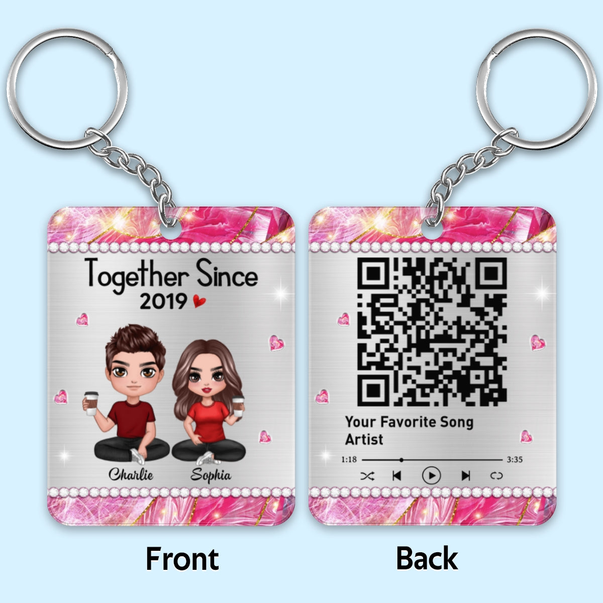 Beautiful Pattern Doll Couple Sitting Favorite Song Scannable QR Code Personalized Acrylic Keychain