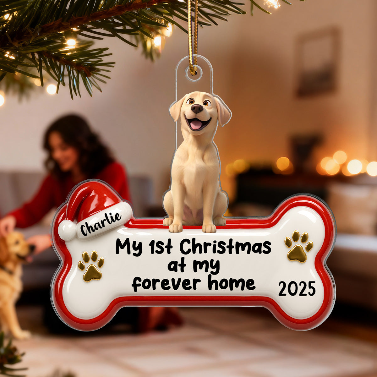 Happy Pawlidays Cartoon Dog 3D Effect - Personalized Acrylic Ornament - Christmas Decor For Dog Lovers