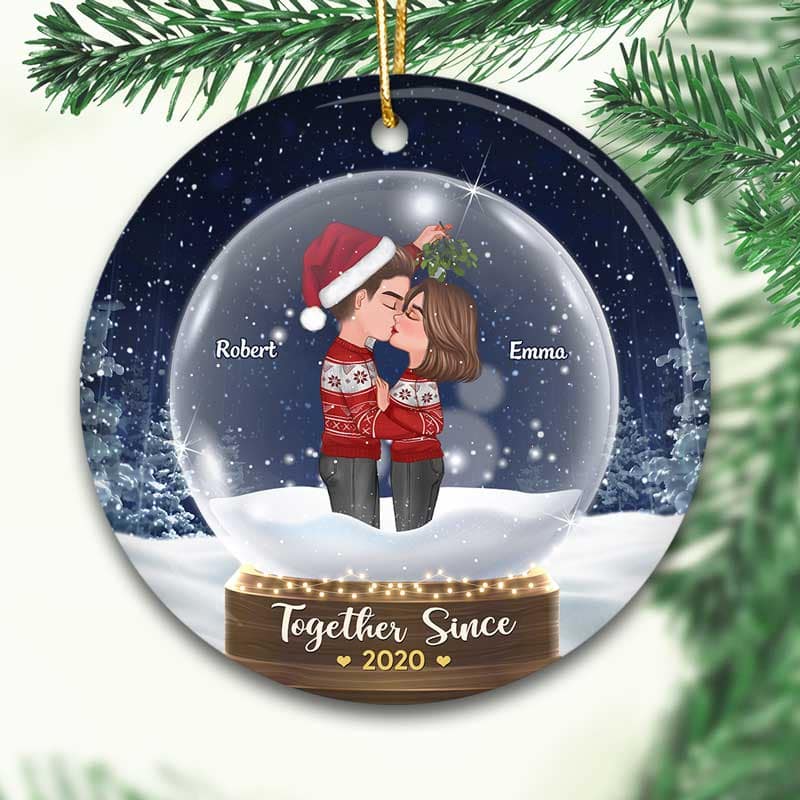 Couple Under Mistletoe Snow Globe Personalized Circle Ornament
