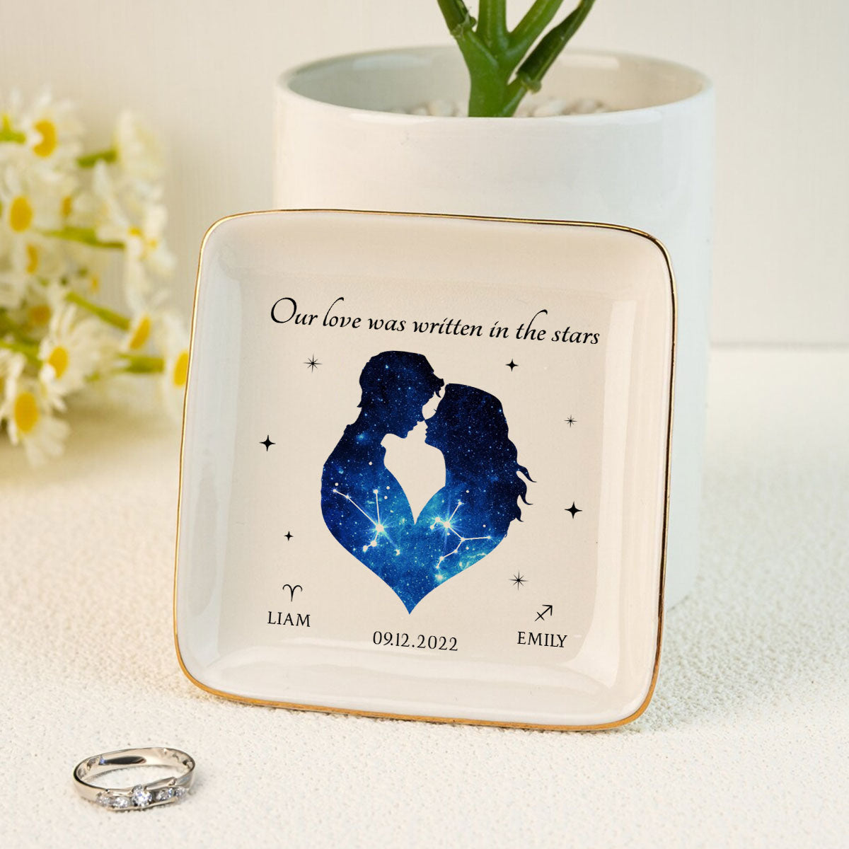 It Was Written In The Stars Hugging Couple Personalized Zodiac Constellation Jewelry Dish, Gift For Bride and Groom, Bridal Shower Gift, Anniversary Gift, Engagement Gift