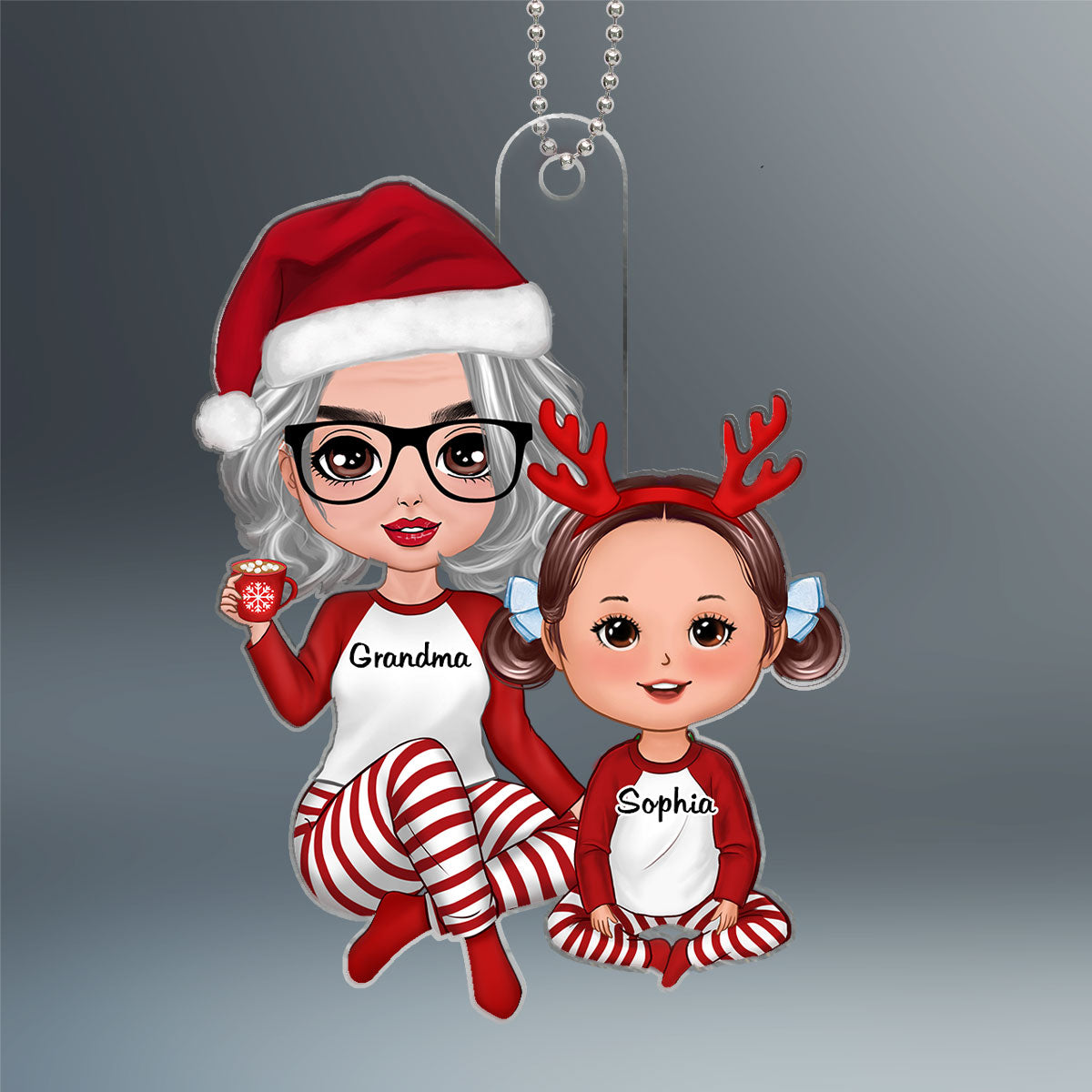 Christmas Pajamas Doll Grandma & Grandkid Sitting Gift For Granddaughter Grandson Personalized Acrylic Ornament