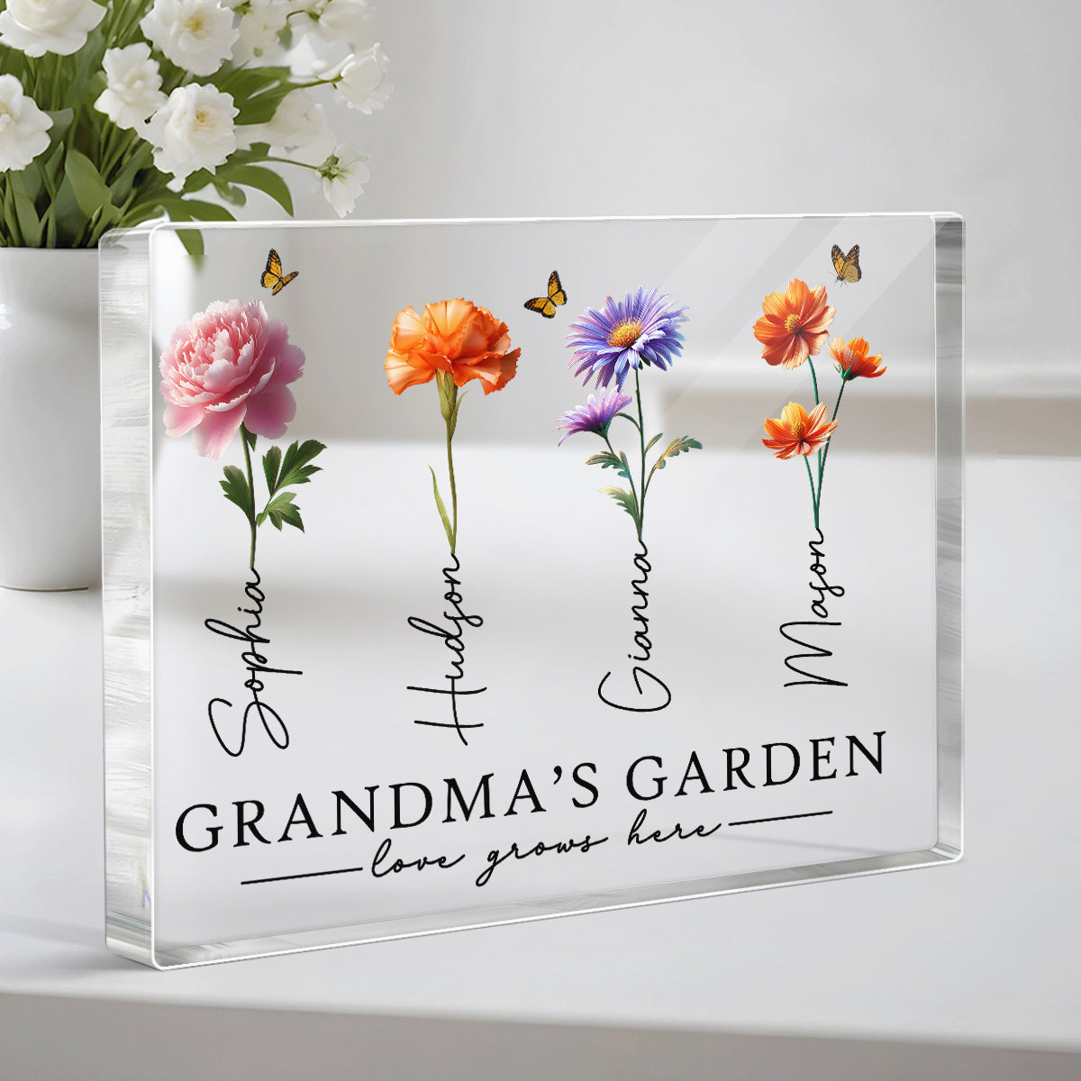 Grandma's Garden 3D Effect Birth Month Flowers Personalized Rectangle Acrylic Block Plaque
