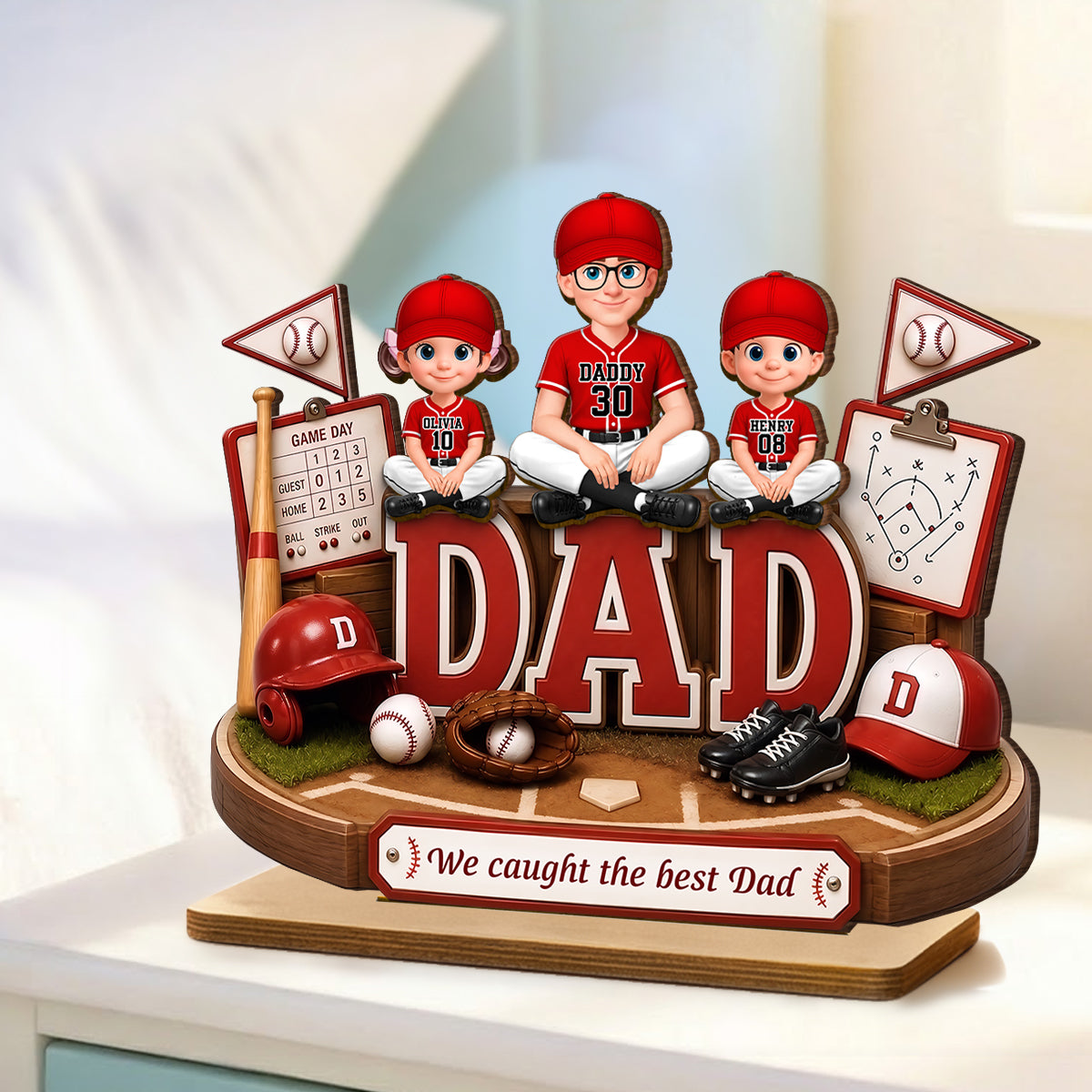 Baseball Dad Kids We Caught The Best Dad - Personalized 2-Layered Wooden Plaque - Father's Day Gift For Dad, Husband
