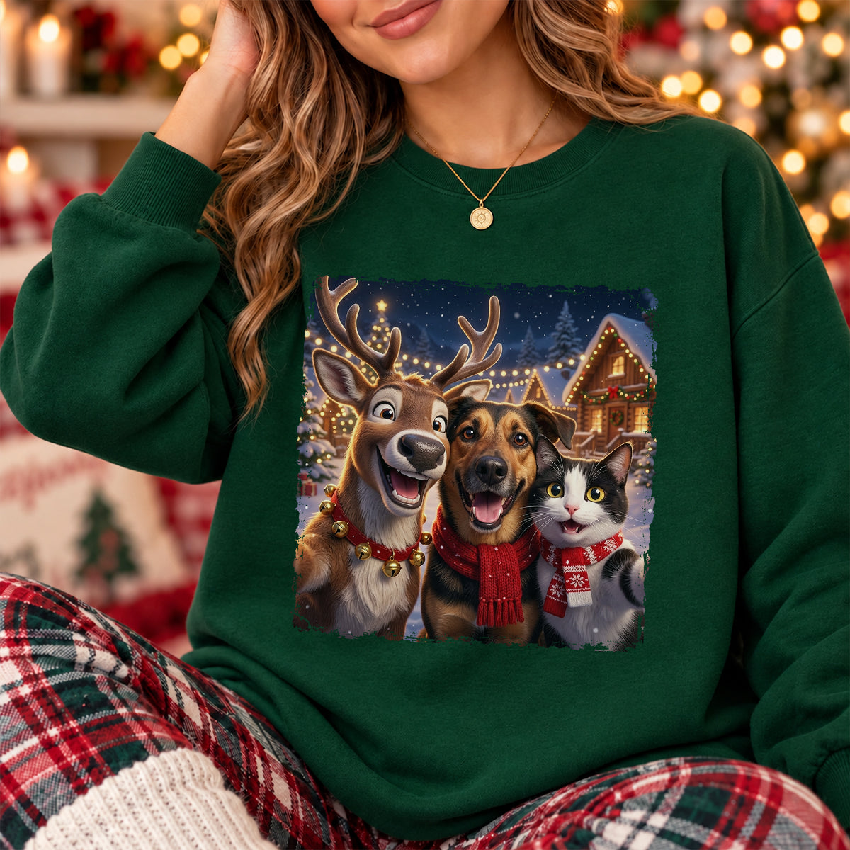 Dog Cat Selfie with Reindeer - Personalized Shirt - Funny Christmas Gift for Pet Lovers