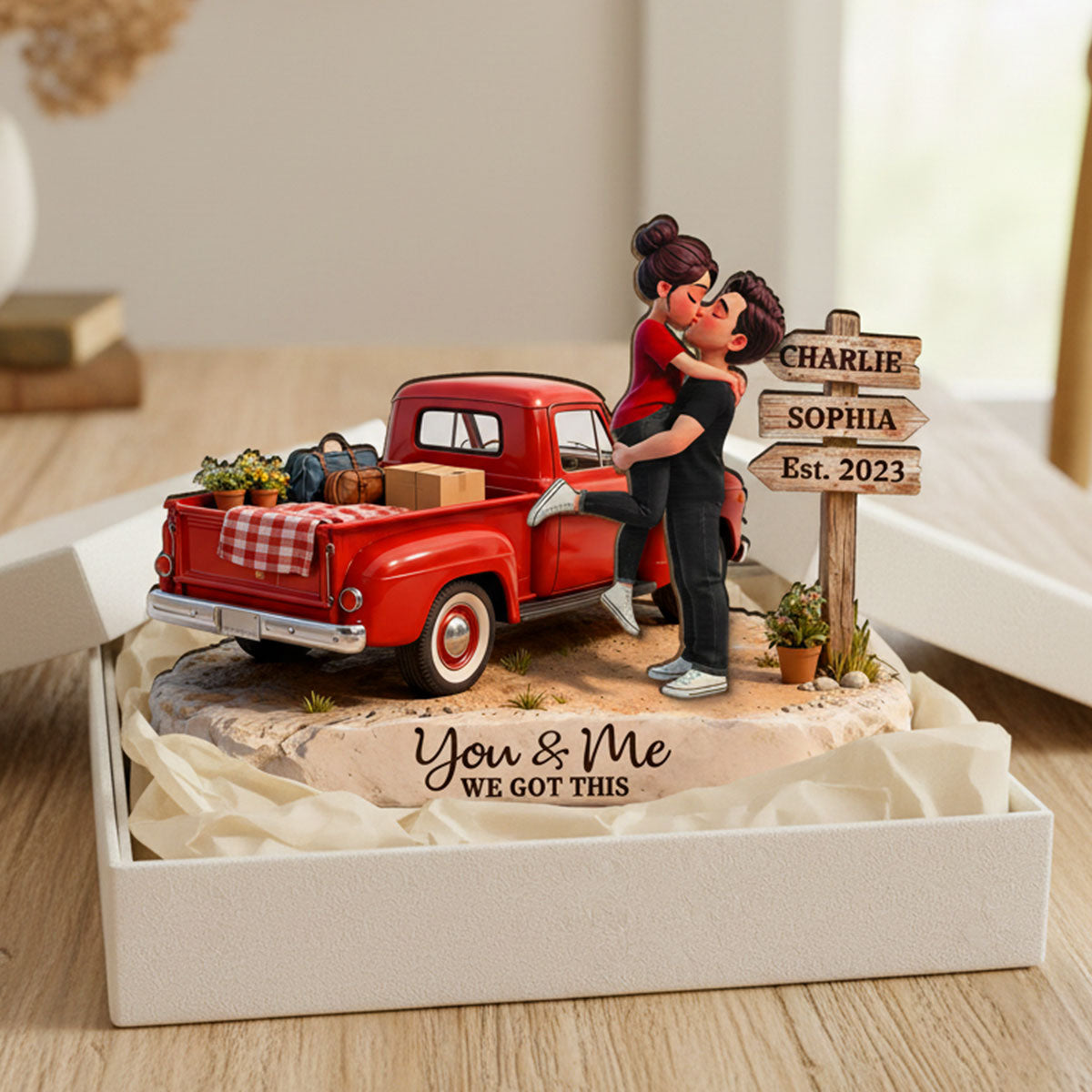 Romantic Couple Pickup Truck Sign Post - Personalized 2-Layered Wooden Plaque - Heartfelt Valentine's Day Gift For Couple, Farmhouse Decor
