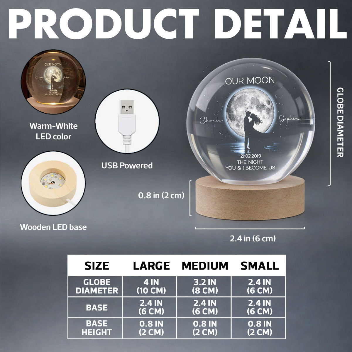 Couple Kissing Under the Moonlight, Custom Moon Phase by Date - Personalized Crystal Ball LED Night Light - Sentimental Valentine's Day Gift for Her, for Him