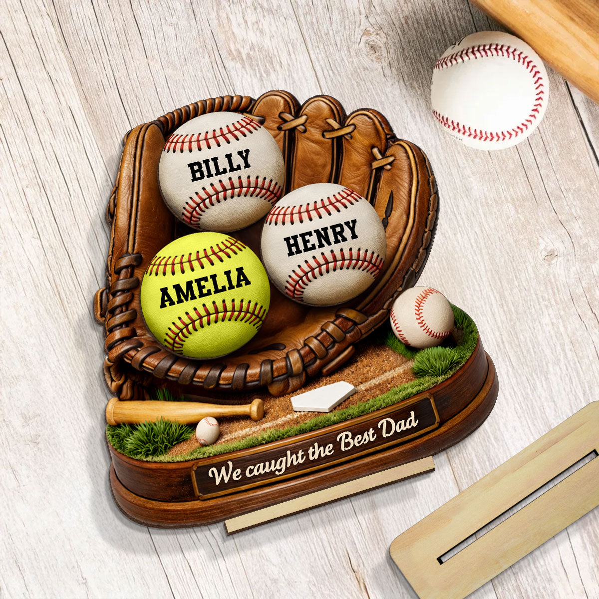 We Caught the Best Dad Baseball Softball - Personalized 2-Layered Wooden Plaque - Heartfelt Gift for Dad