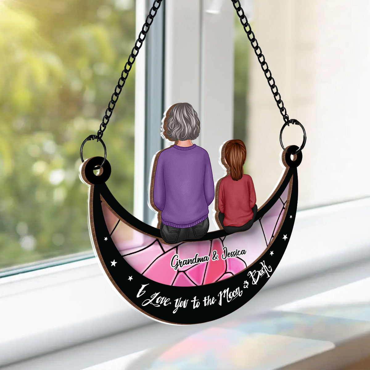 Grandma Grandkid On Moon Personalized Window Hanging Suncatcher Ornament, Gift for Mom, for Grandma