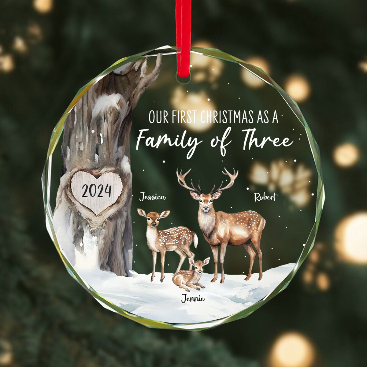 First Christmas As Family Of Three Deers Personalized Glass Ornament