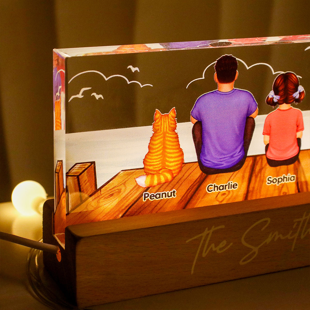 Family Sitting On The Bridge Personalized Acrylic Block LED Night Light, Gift For Family