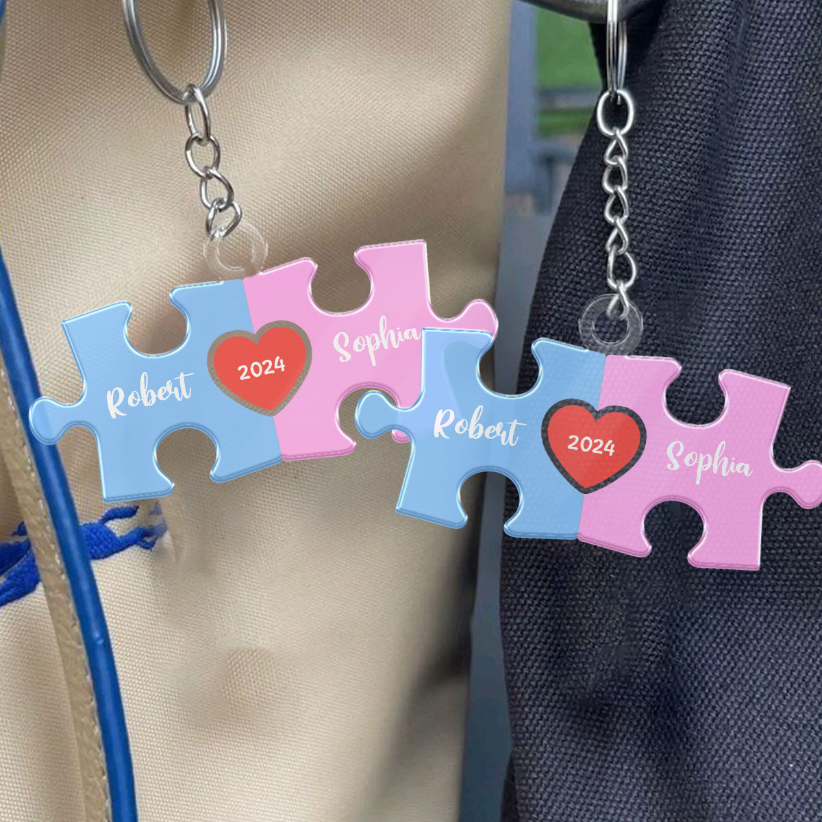 Love Is The Piece That Holds Us Together Acrylic Keychain, Personalize Couple Puzzle Name Sign,  Gift For Him, For Her, Wedding Gift