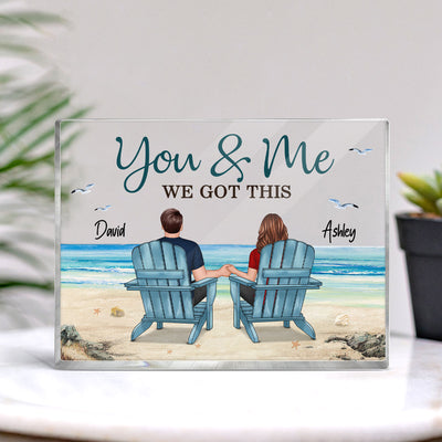 Back View Couple Sitting Beach Landscape Personalized Rectangle Acrylic Block Plaque